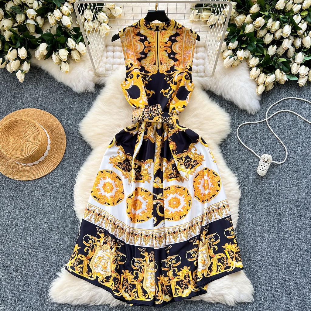 Retro Court Style Printed Dress Women's Summer Sleeveless Waist Thin Design Sense Niche Light Luxury Temperament Long Dress