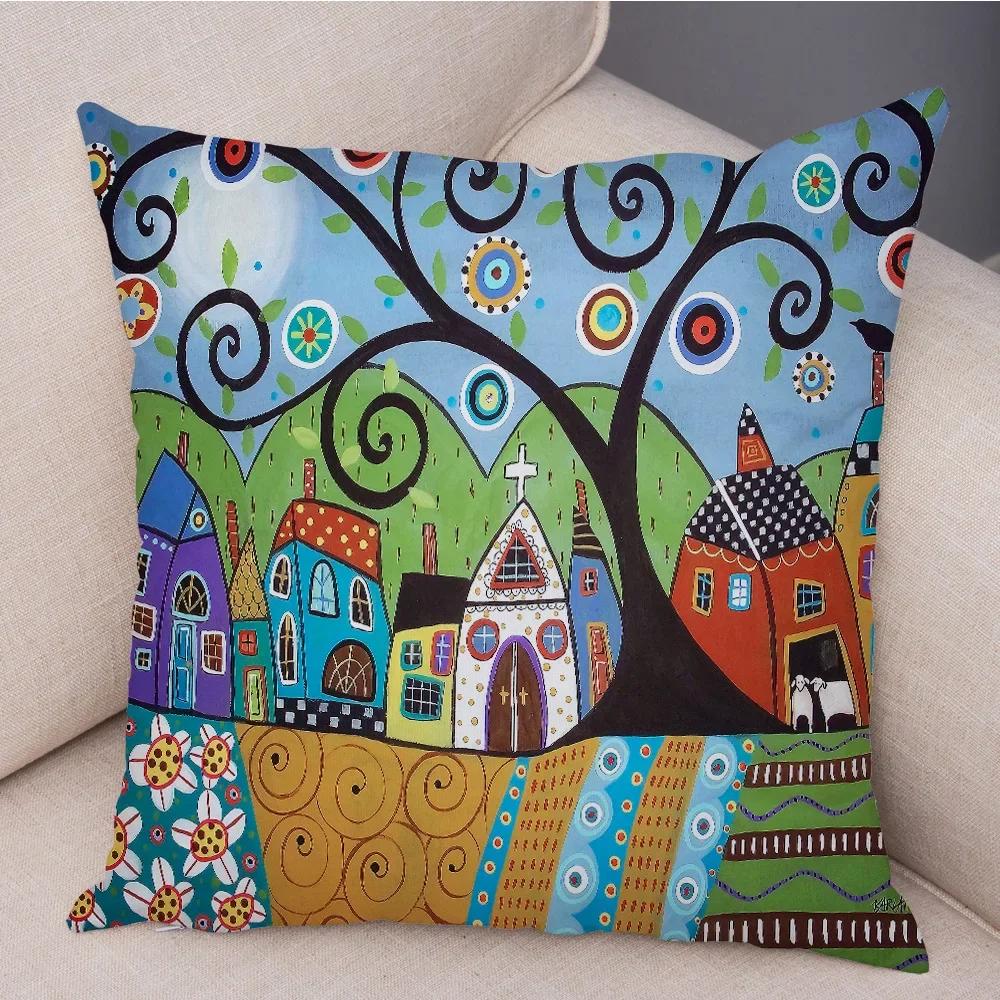 Colorful Cartoon Retro Rural Color Printed Pattern Home Cushion Cover Living Room Sofa Bedroom Decoration Pillowcase