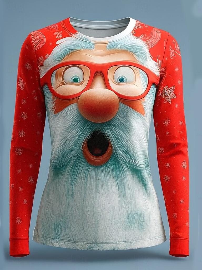 Women's Vintage Santa Print Long Sleeve, Christmas Holiday Graphic Top, Crew Neck Casual Style, Winter Seasonal Wear