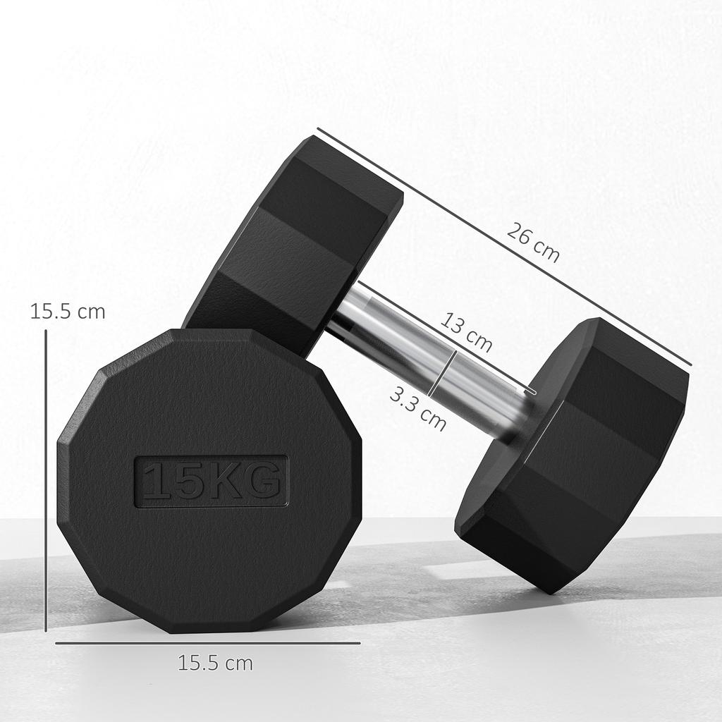 Set of 2 12-Sided Dumbbells 15 Kg In Metal and Rubber with Non-Slip Grip, 26x15.5x15.5 Cm, Black