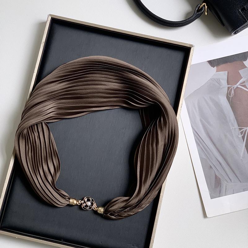 New Monochrome Magnetic Variety Silk Scarf Necklace Women's Pleated Summer Sunscreen Headscarf Decorative Scarf