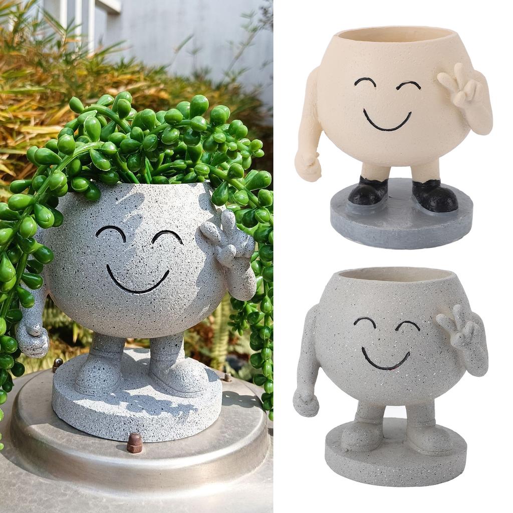 Flower Pot Cute Smile Standing Succulent Flowerpot Fadeless Resin Plant Pot for Garden Courtyard Caf