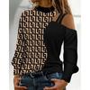 Women's Long Sleeve Off Shoulder Top Color Block Design High Neck Casual Blouse in Multi Colors