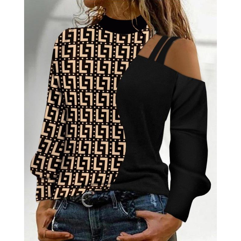 Women's Long Sleeve Off Shoulder Top Color Block Design High Neck Casual Blouse in Multi Colors