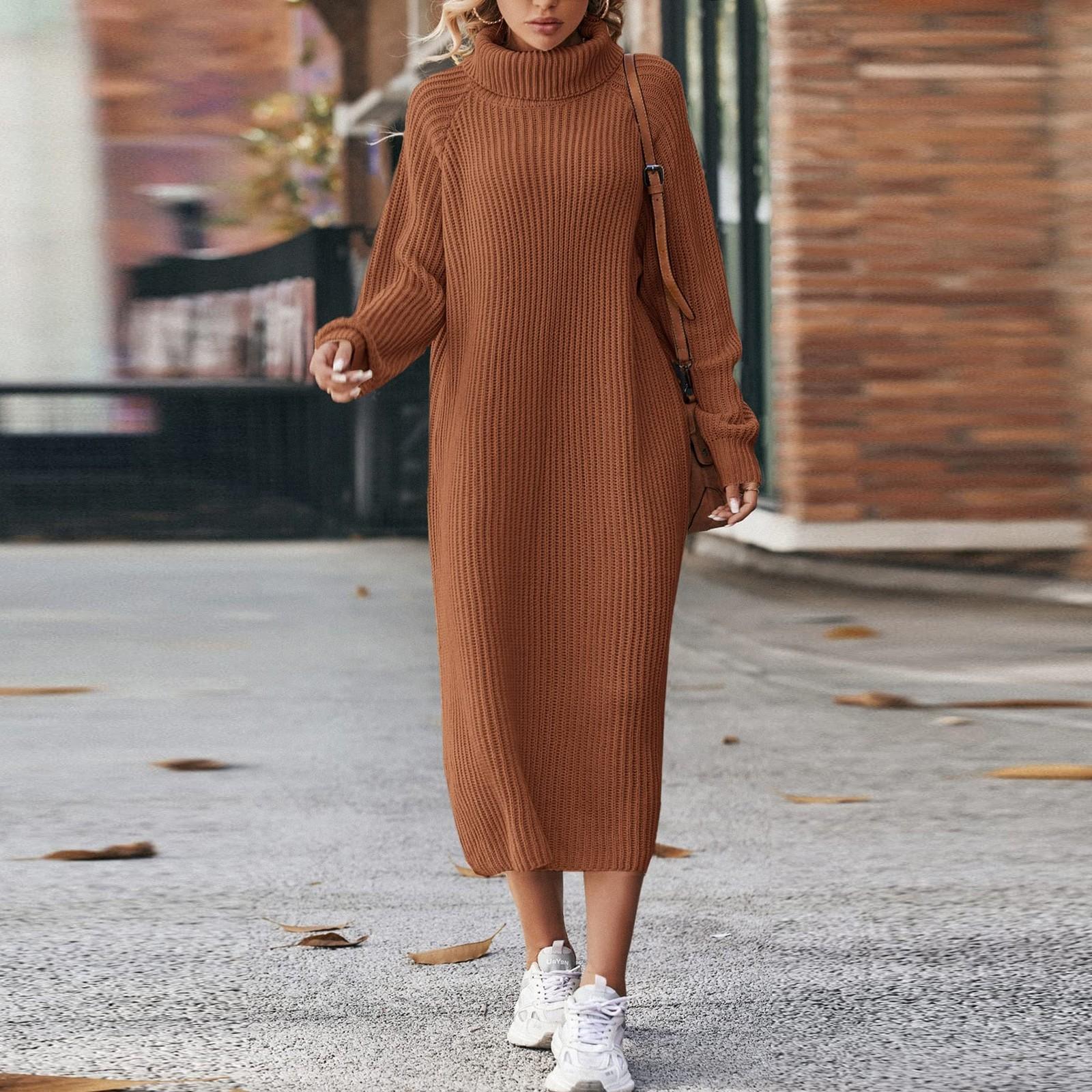 

Womens Fall Sweaters Long Sleeve Pullover Loose Chunky Knitted Jumper Dress M коричневый