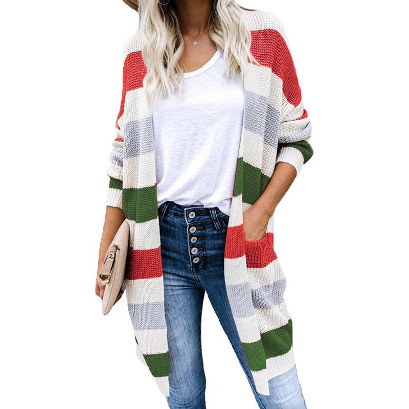 2025 Women's Long Color Block Striped Patchwork Cardigan for Autumn/Winter