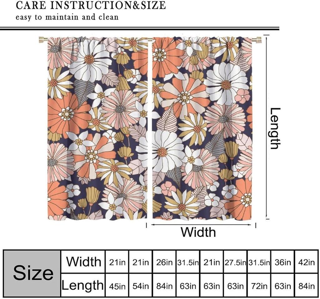 "Floral Bloom" Curtains – Orange, White & Beige Flowers on Navy Background, Rod Pocket Drapes for Living Room or Bedroom