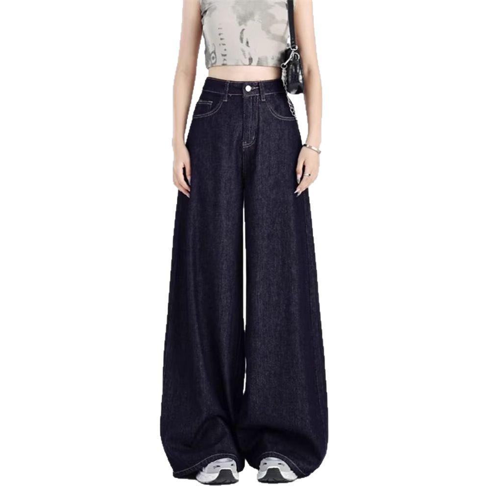 Women's American-Style Dark Blue Summer Jeans - Light, Straight-Leg, Loose Wide-Leg Pants