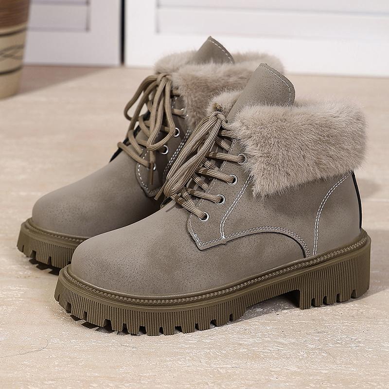 Fashion Faux Fur Lace-Up Ankle Boots for Women Autumn Winter Warm Plush Short Boots Woman Comfortable Anti Slip Cotton Padded Shoes 42