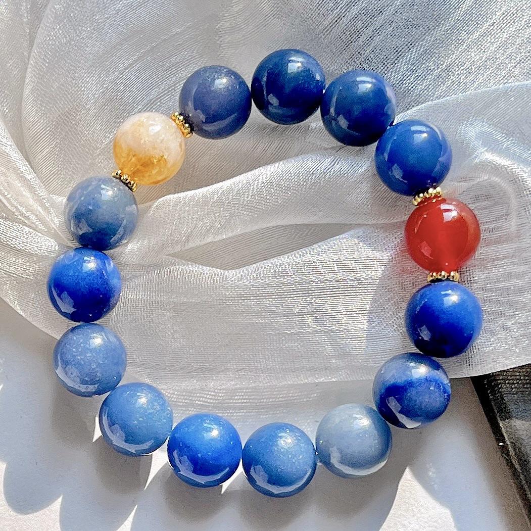 12Mm Large Particle Blue Dongling Jade Citrine Chalcedony Bracelet