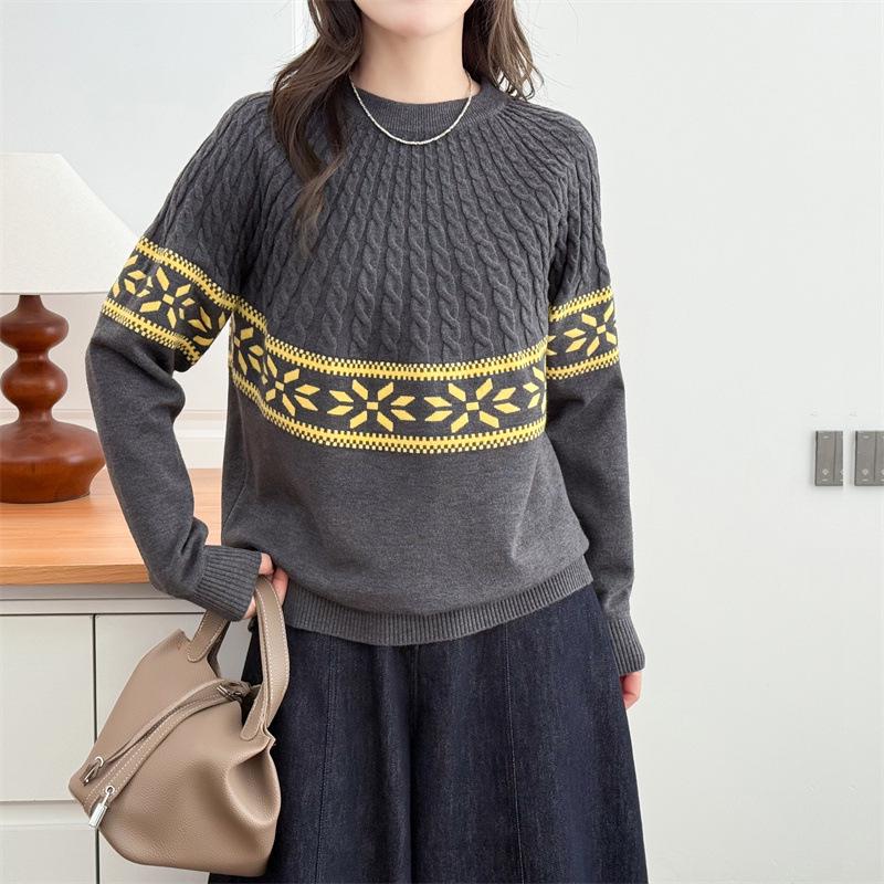

2026 Spring Plus Size Women s Jacquard Cable Knit Sweater, Round Neck, Long Sleeve, Year of the Rat New Year Outfit. 3XL сірий колір