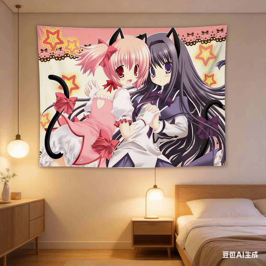 Anime Girls Madoka Neko Tapestry, Starry Kawaii Cat Ear Polyester Wall Hanging For Bedroom Dorm Anime Home Decor Gift