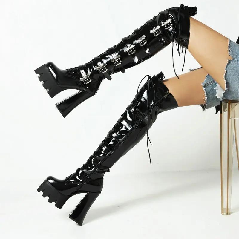 Fashion Lacquer leather women's boots  women's boots thick heel ultra-high heel muffin punk PUNK front lace up high boots