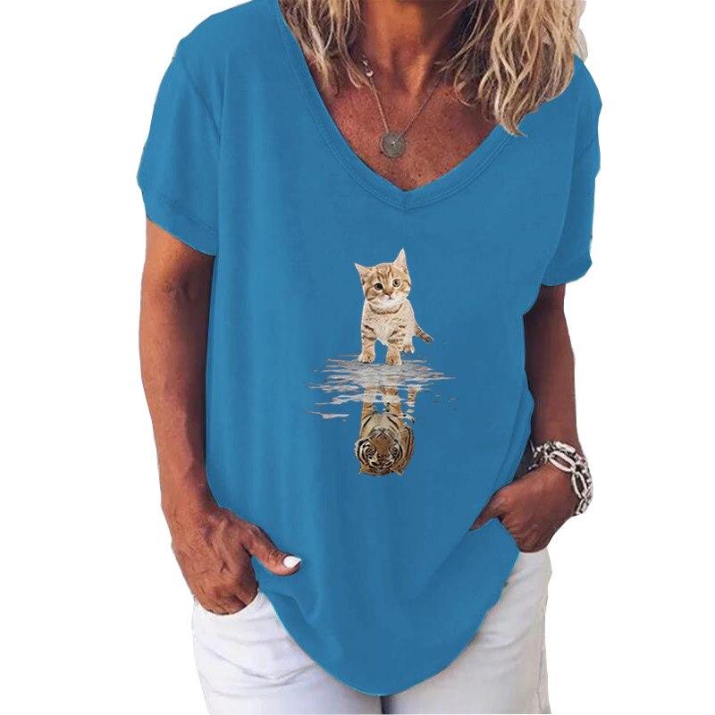 Fashion Spring  Kitten Print Blouses Short Sleeved V-Neck T Shirts Casual