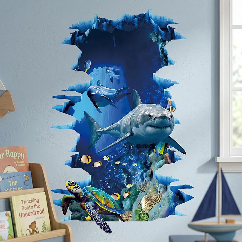 Onderwaterwereld 3D Haai Gebroken Muur Muursticker Zee Dieren Zelfklevende Pvc Sticker Badkamer Vloer Muur Decoratie
