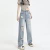 Jeans da Donna a Vita Alta Regolabili Strappati a Gamba Larga - Pantaloni Dritti Lunghi alla Moda Estate 2025