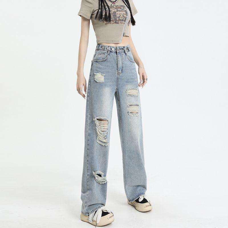 Jeans da Donna a Vita Alta Regolabili Strappati a Gamba Larga - Pantaloni Dritti Lunghi alla Moda Estate 2025