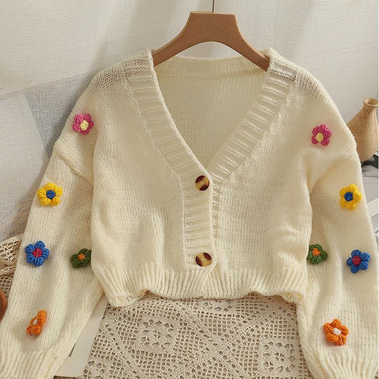 

Kawaii Цветочный кардиган, женский свитер в стиле Харадзюку, милый трехмерный декоративный укороченный вязаный свитер с длинными рукавами Y2k XL