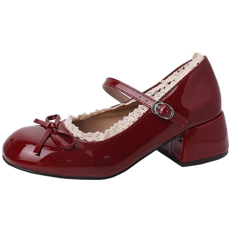 Bow temperament high heels ballet women's leather shoes new summer retro lace edge heightening Mary Jane single shoes