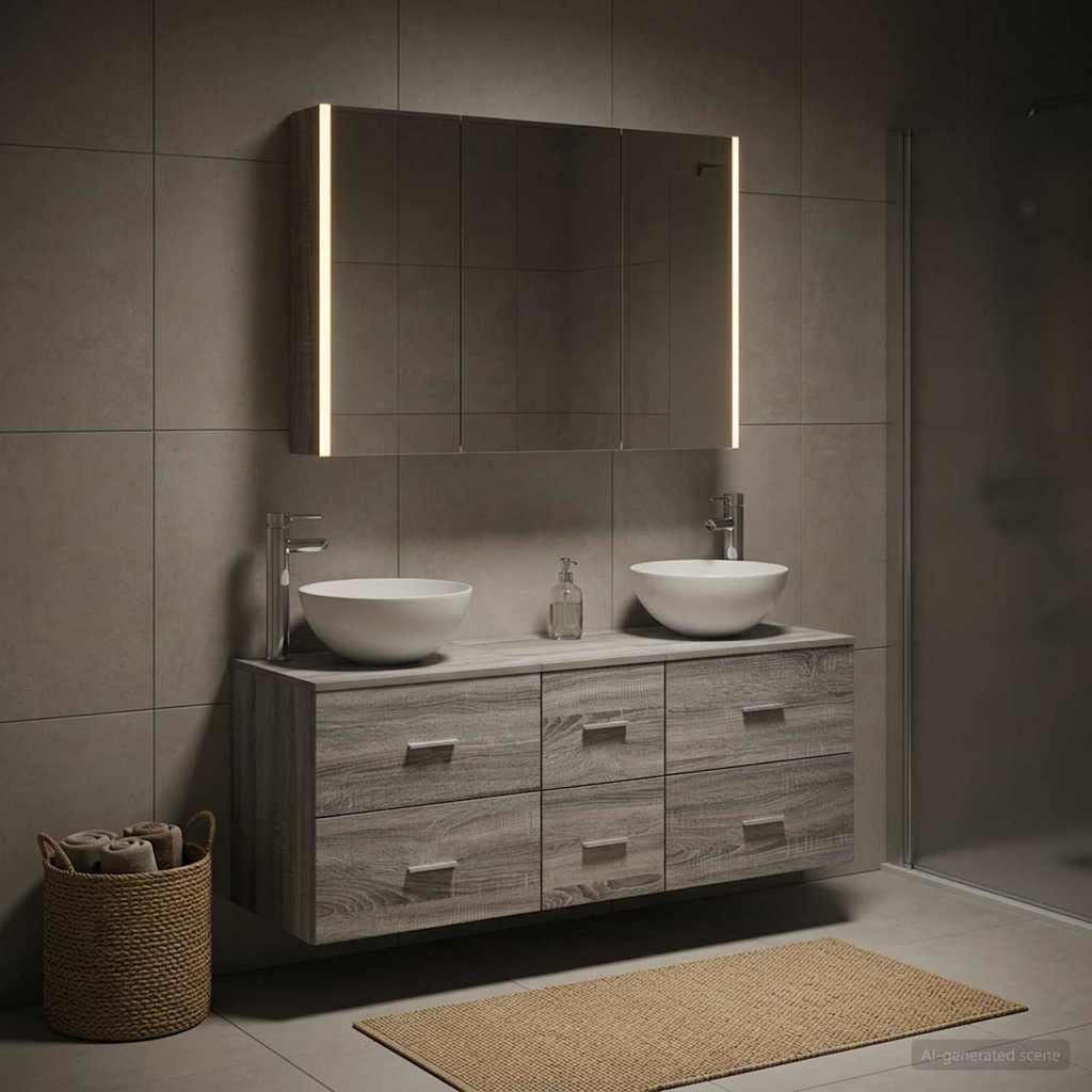 Bathroom Furniture Set 4 Pcs Grey Sonoma Engineered Wood and Glass
