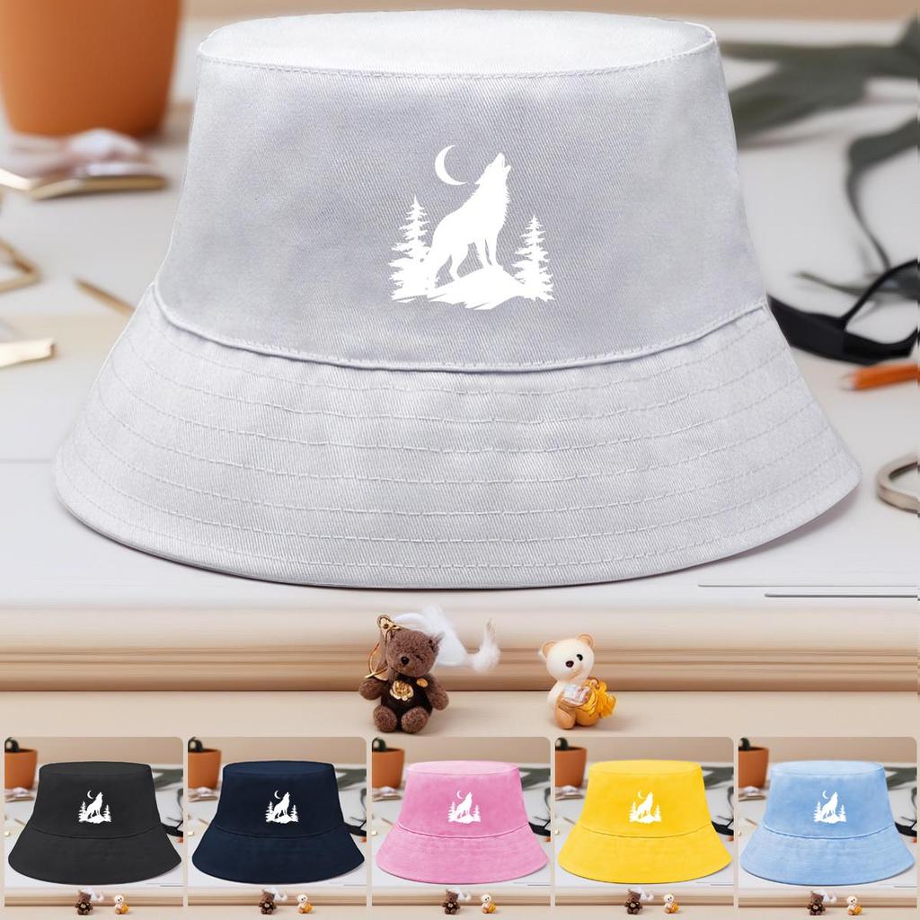 Wolf & Moon Print Bucket Hat , Sun Cap Unisex Candy Color Spring Beach Hat