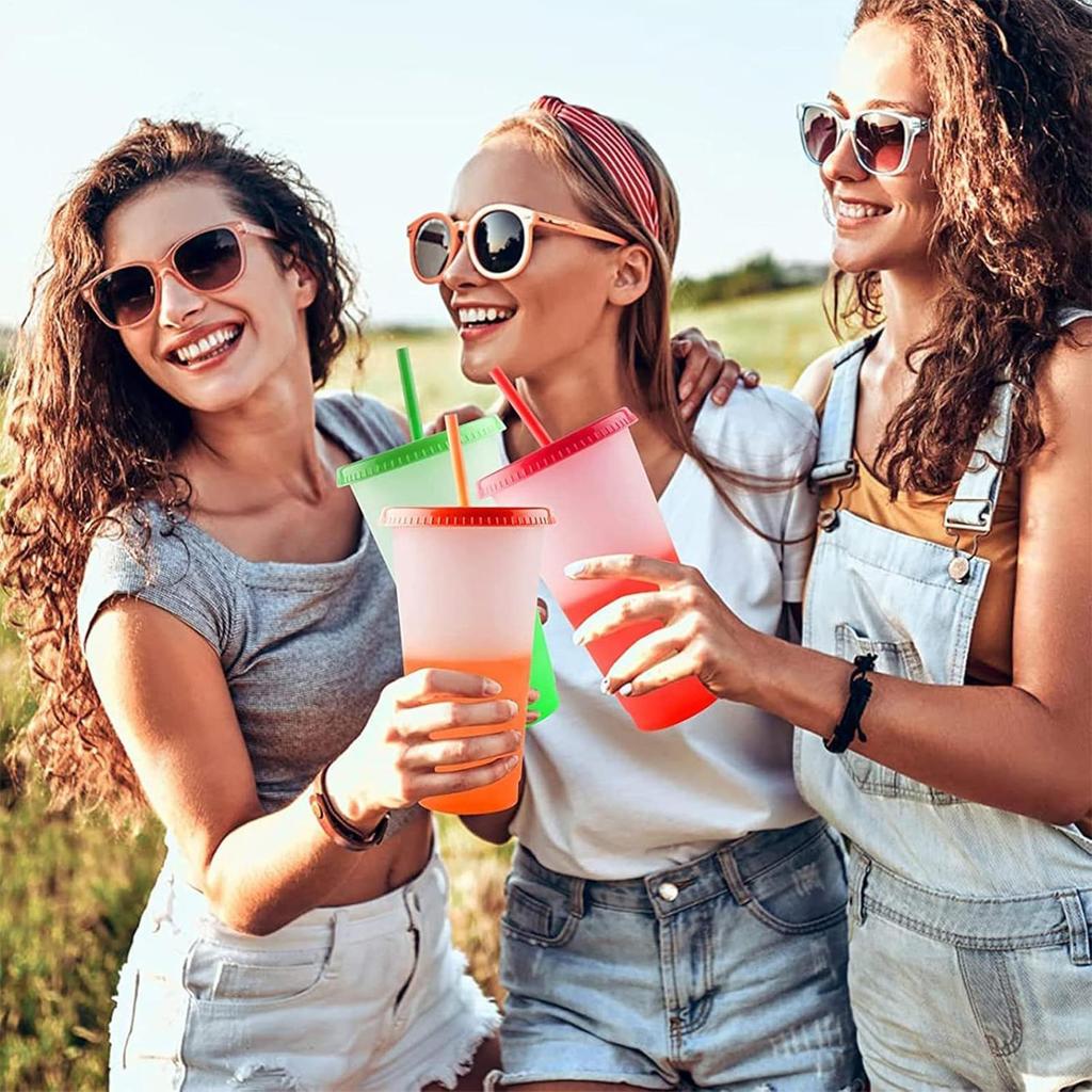 10Pcs 710ml Reusable Blank Plain Plastic Cup Cold Cup Coloured Straw Cup With Lids Leak-proof And Dust-proof Home Supplies