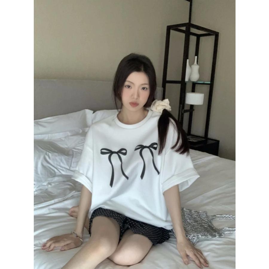 

Свободная футболка с рисунком и бантом, летняя женская футболка больших размеров, милые футболки, топ # korean y2k, ткань e-girl, сказочная эстетика 2000-х годов в стиле гранж M чёрный