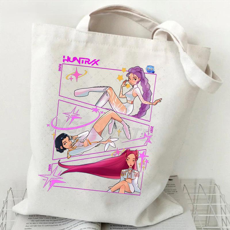 Demon Hunters Canvas Tote Bag Huntrix Girl KPop Shoulder Bag Saja Boys Zoey Rumi Mira Handbag For Daily Shopping School Commute