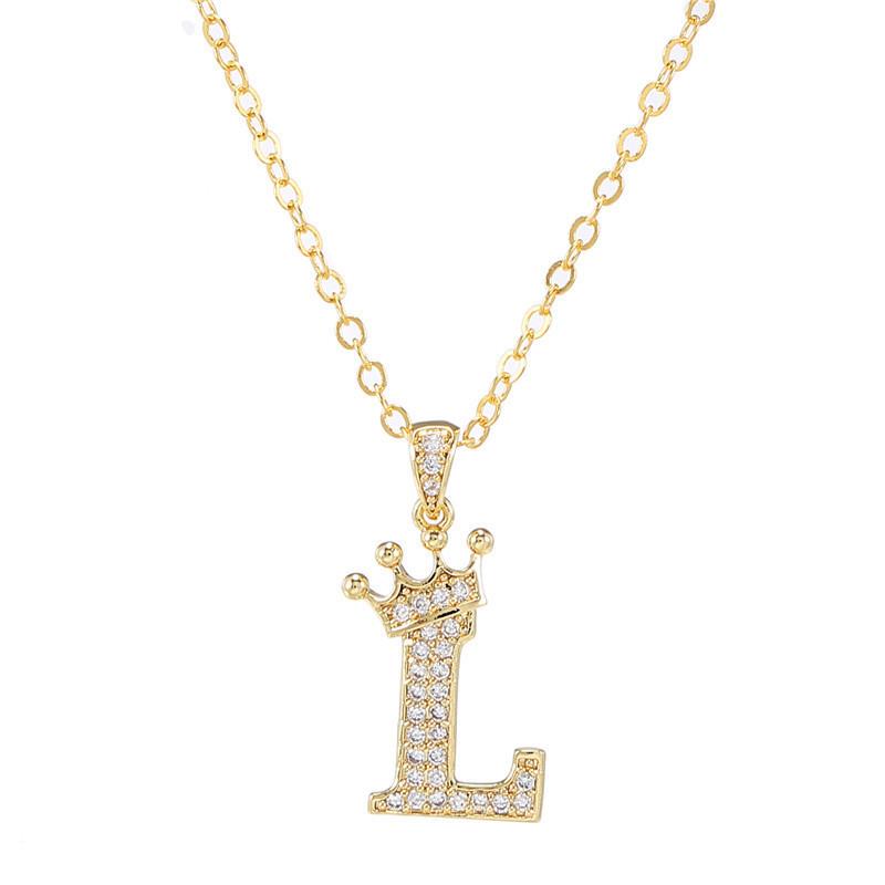 Fashion Cubic Zirconia Crown Letter Pendant Necklace Gold Hip Hop Punk Alphabet Jewelry
