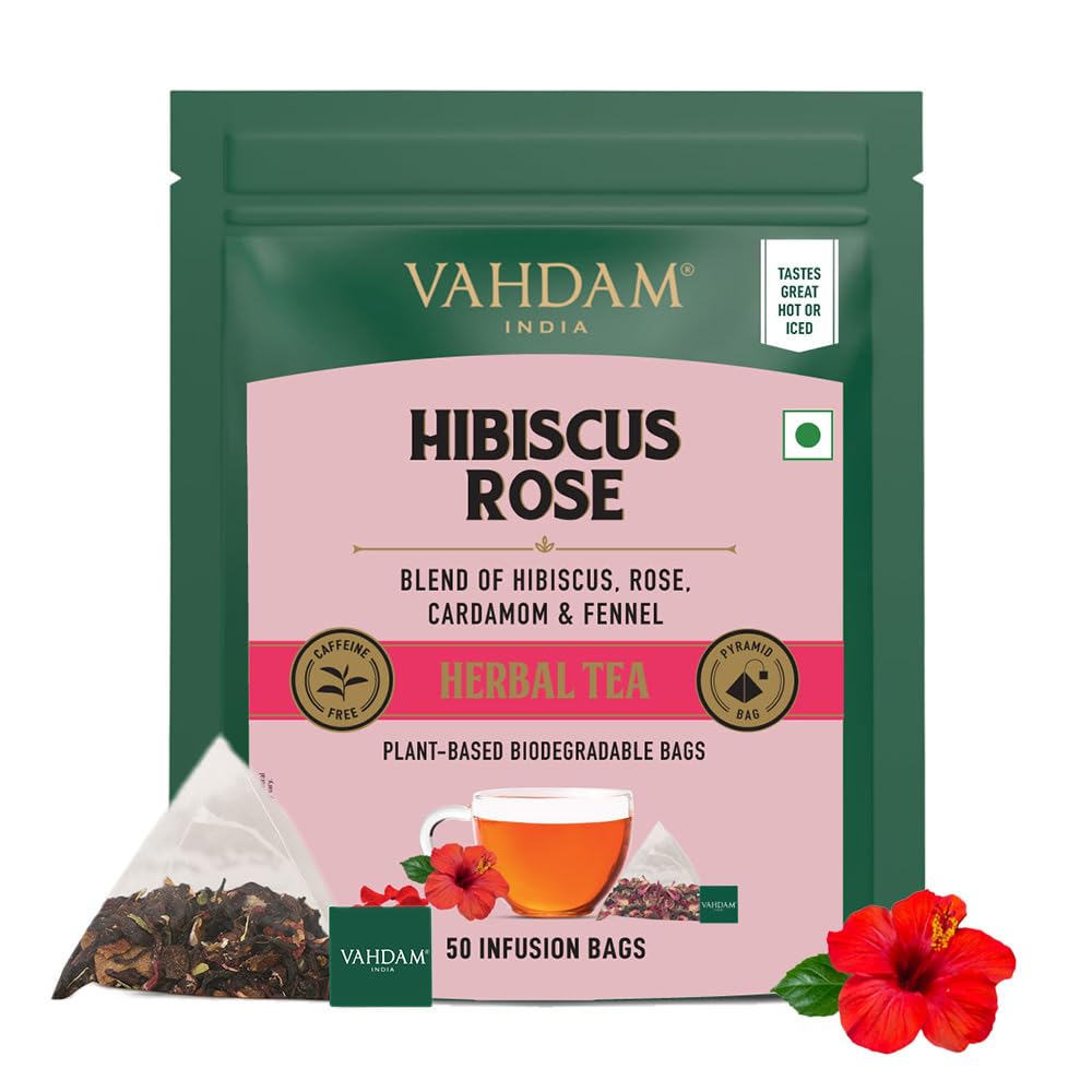 

VAHDAM, Hibiscus Flowers Infusion Bags (50 Count) | Caffeine Free, Non-GMO | Floral Flavor Tisane - Hibiscus, Rose Petals & Exotic Spices | Resea
