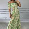 2026 Women's Clothing Contrast Color Print Hollow Ruffled Cake Dress