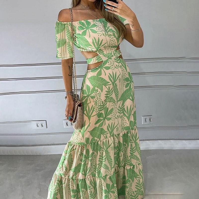 2026 Women's Clothing Contrast Color Print Hollow Ruffled Cake Dress