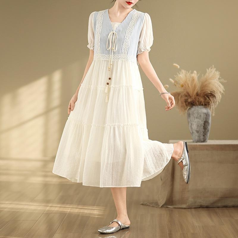 

Женское платье-двойка 2025 лето новая коллекция нежный ветер V-образный вырез короткий рукав вставка перерыв на кофе миди и длинное 2XL абрикосовый