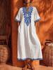 Women V Neck Ethnic Style Embroidered Short Sleeve Maxi Dress Bohemian Loose Fit Kaftan Dress Multi Color