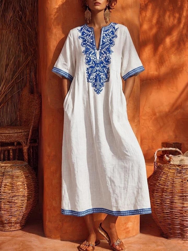 Women V Neck Ethnic Style Embroidered Short Sleeve Maxi Dress Bohemian Loose Fit Kaftan Dress Multi Color S