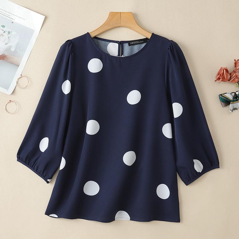 

ZANZEA Летняя повседневная женская блузка с принтом в горошек и рукавом 3/4 5XL тёмно-синий