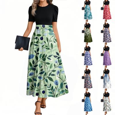 Women's Fashion Casual Belt Short Sleeve Round Neck Retro Printed Splicing Elegant Temperament Dress