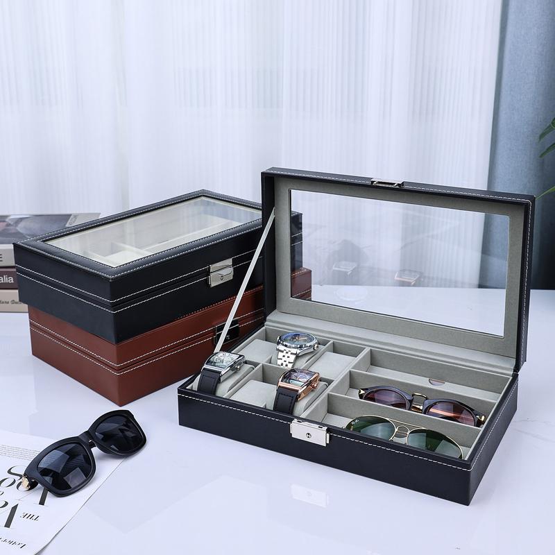 PU Watch Display Box Large Capacity Watch Glasses Sunglasses Storage Box with Transparent Observation Window