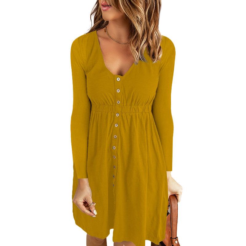 Women Dress Long Sleeve V-Neck Button Tunic Mid Dress Fashion Loose Solid  Knee-length Dress for Daily Office,Party