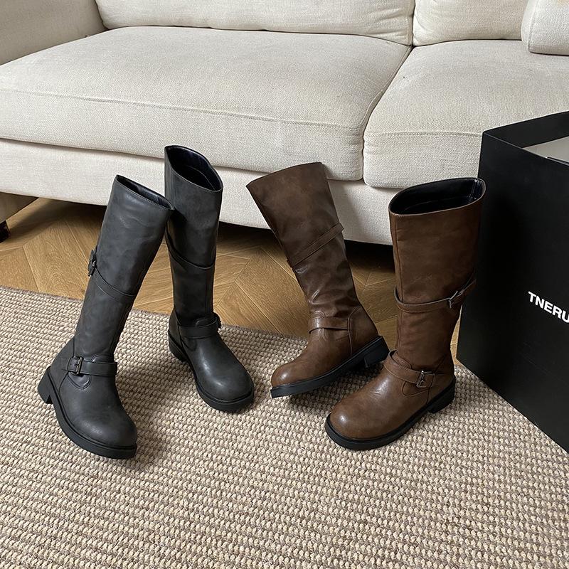 Spot thick-soled round head retro polished old long knight boots women's thick heel medium and high boots versatile tooling boots