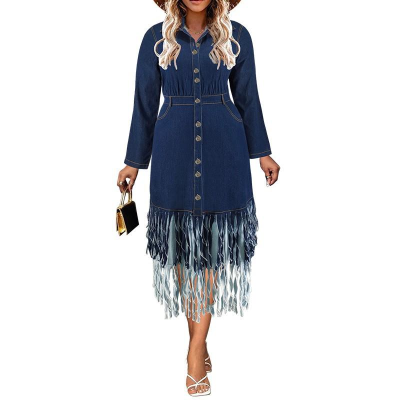 Plus Size Denim Dress With Collar Fringe Detail Long Sleeve Loose Fit Midi Women Streetwear