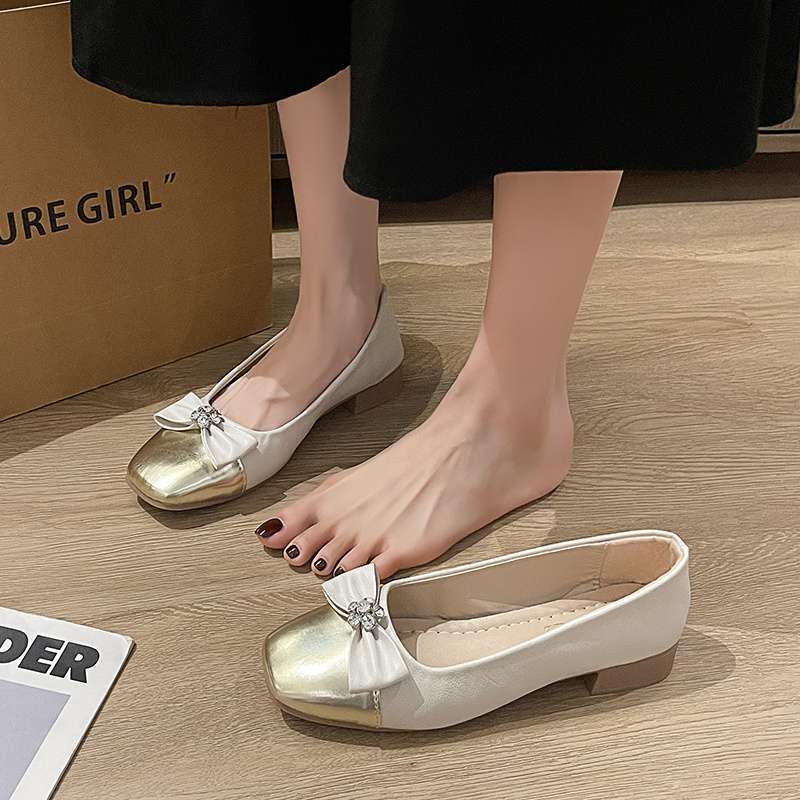 Soft-soled foreign-style single shoes women's spring and summer new fairy versatile shallow-mouth bow Doudou shoes square head flat-soled women's s