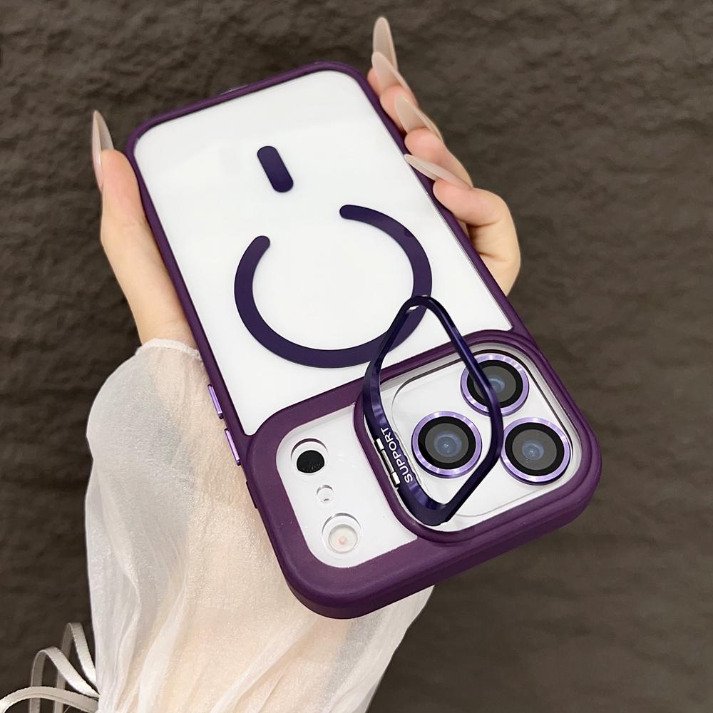 KEYSION Magnetic Transparent Phone Case for MagSafe for iPhone 17 Pro Max 17Air Metal Lens Stand Shockproof Lens Protector Cover