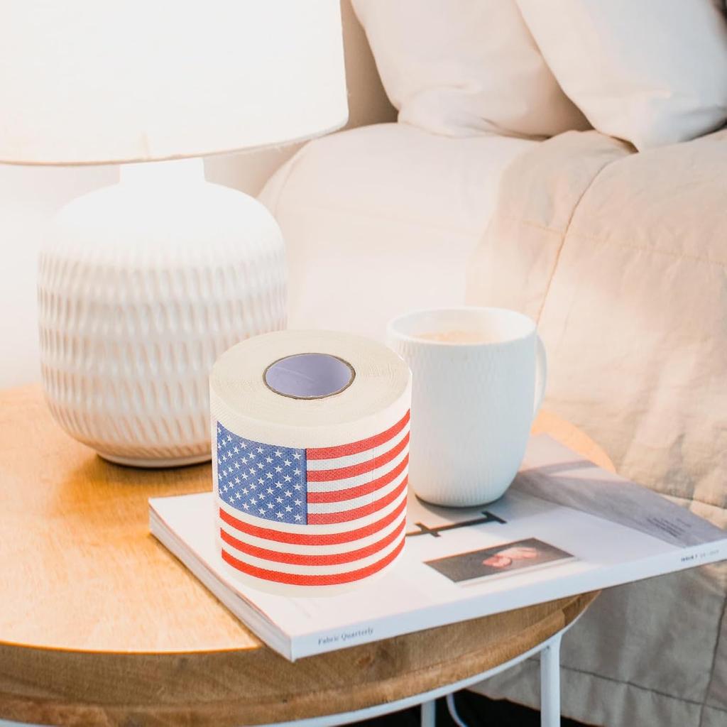 4 Rolls American Flag Toilet Paper, 3-Ply Patriotic Tissue for Bathroom Decor, 150 Sheets Per Roll, Ideal for Celebrations and Everyday Use