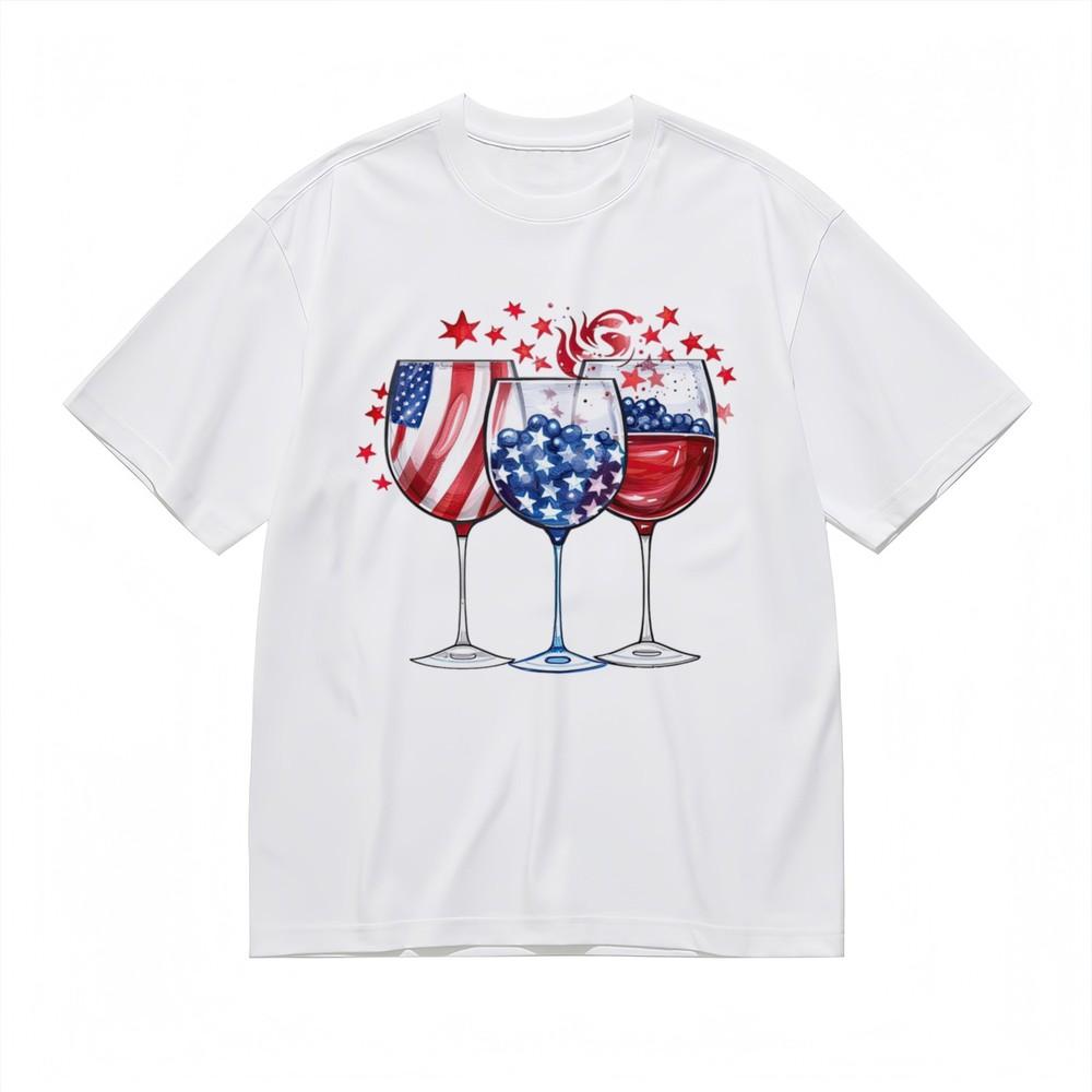 Women's Fashion Comfortable Classic T-Shirt American Flag Wine Glass Cotton Tee