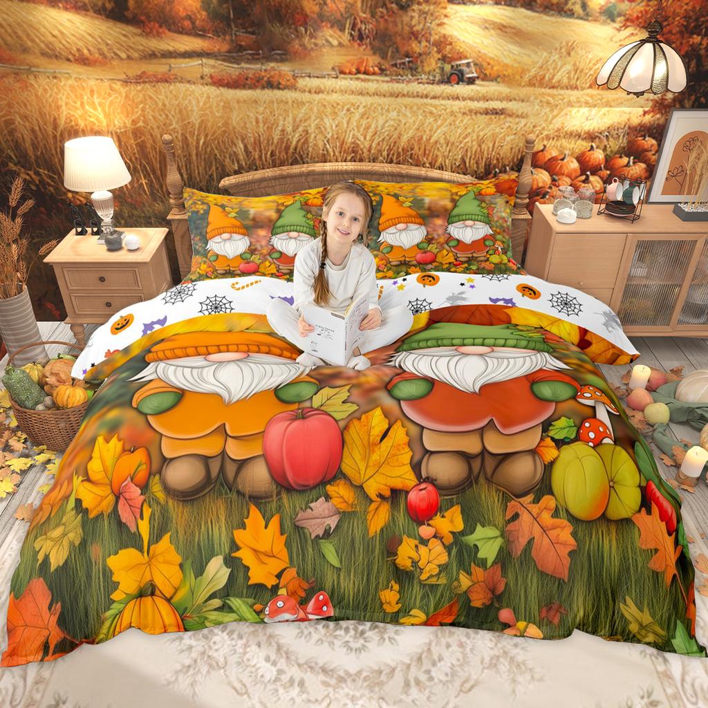 Homewish Happy Thanksgiving Day Duvet Cover Set Autumn Pumpkin Bedding Set Kawaii Turkey Fall Gnome Comforter Cover Set