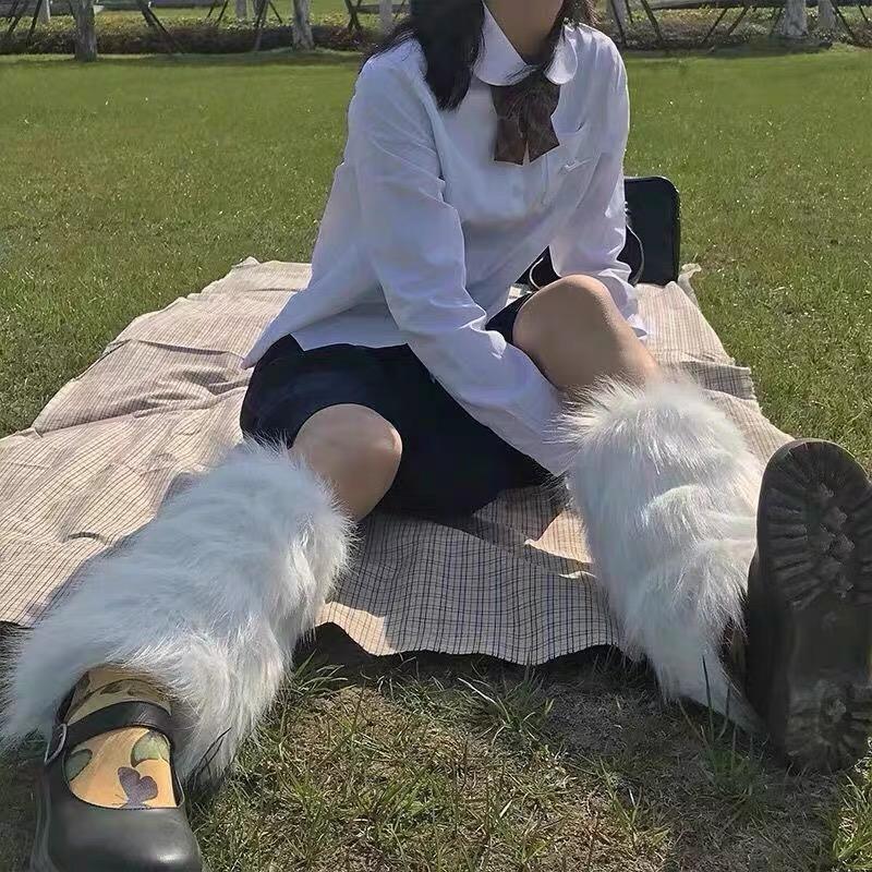 Furry Leg Warmers Y2K Goth White Faux Fur Leg Warmer Boot Covers Women Lady Cute Jk Knee-length Hipster Warm Sock Fashion Socks