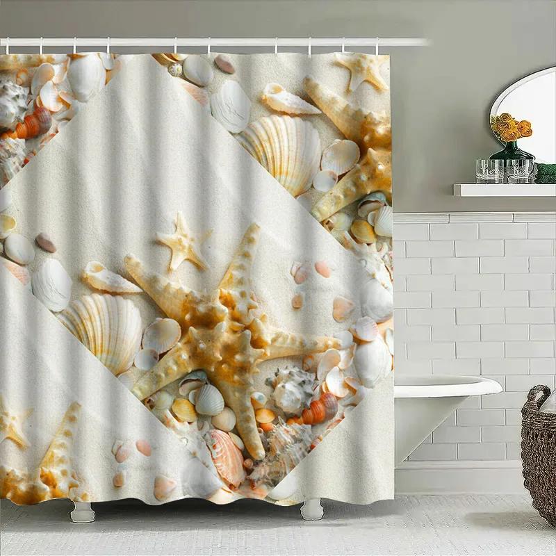 Seashell Print Shower Curtain Beach Decor Bathroom Decoration Waterproof Fabric 3D Printed Bath Mat for Home Decorations White