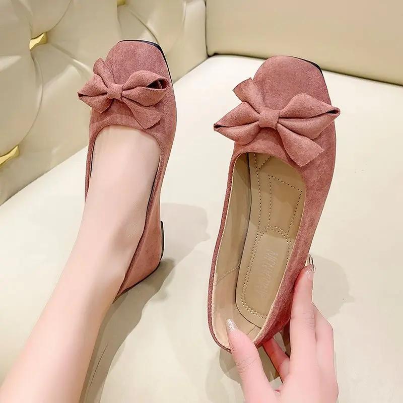 Fashion Woman Flats Square Toe Cute Shoes for Women with Bow Kawaii on Promotion Low Price Stylish Luxury Brand Young Cheap Liquidation