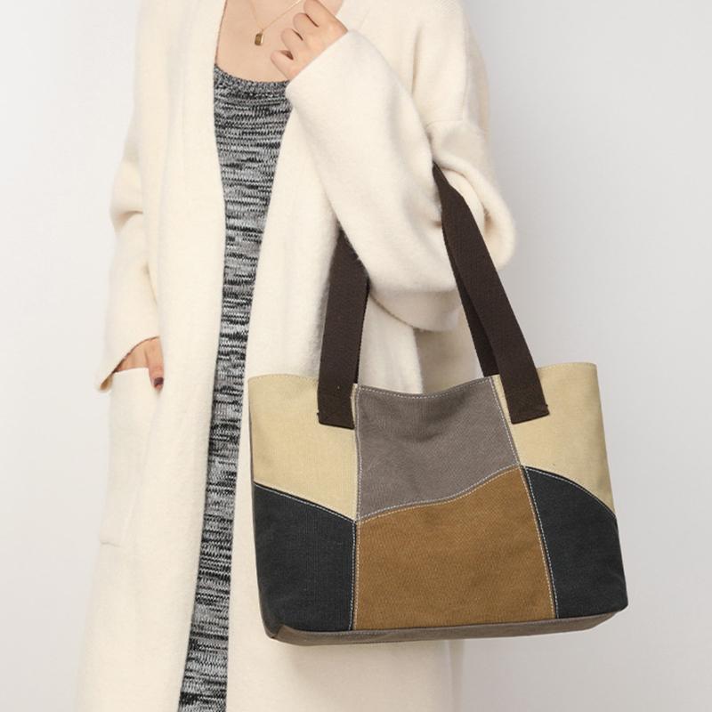 Yogodlns New Spliced Canvas Women's Shoulder Bag Large-capacity Portable Messenger Bag Casual Ethnic Style Contrasting Color Bag